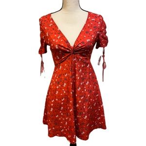 Princess Polly Red Floral Tie Mini V-Neck Dress